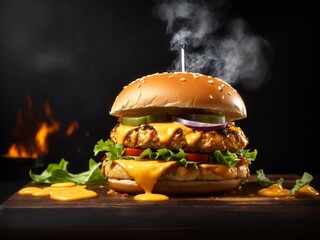 Savor the Heat: Captivating Art of a Sizzling Cheesy Melted Chicken Burger on Wooden Surface with Intense Black Background