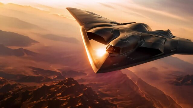The invisible bomber: an illustration of a stealth aircraft soaring gracefully over a majestic mountain range landscape. Generative AI