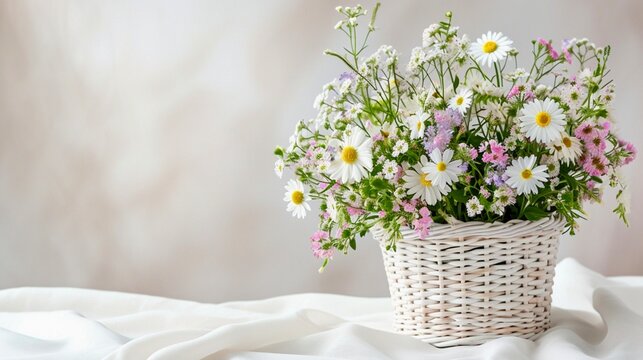 In a white wicker basket standing on a white tablecloth are spring flowers, daisies and bluebells