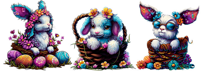 Lamb in a wicket basket with eggs. Easter cartoon, fantasy sheep. Spring holiday. Clipart, png - obrazy, fototapety, plakaty