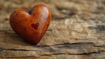 Drewniane serce z małym sercem wewnątrz symbolizuje ciążę i dziecko w brzuchu, leżące na teksturze kory drzewa.