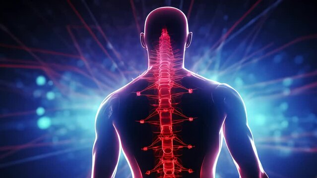 Silhouette of a person from the back, with red lines and areas on the back. illustration of spinal problems. pinched nerves. Generative AI