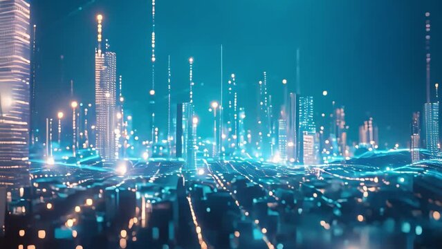 A depiction of smart city technology represented by interconnected pixels and lines, showcasing a distinctive integration of modern and innovative smart technologies . Generative AI