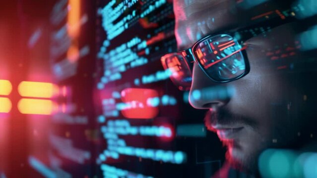 male IT professional with glasses is immersed in code analysis and data holograms. She researches programming, cybersecurity, and cyber security. Generative AI