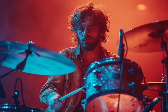 A skilled musician mesmerizes the crowd with his dynamic drumming at a lively concert, showcasing his talent on various percussion instruments like the tomtom drum and hihat