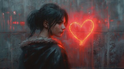 Kobieta stoi przed jaskrawym sercem, na tle betonowej ściany w której odbijają się romantyczne światła okien miasta - obrazy, fototapety, plakaty