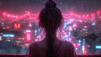 Kobieta stojąca na balkonie przed różnorodnym kulturowo miastem nocą