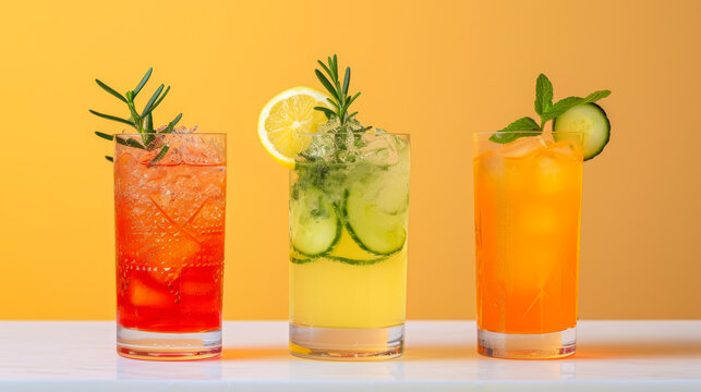 colorful summer mocktails garnished with fresh fruits and herbs on yellow background