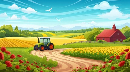 Illustration agriculture and Farming landscape with tractor cartoon style. Generated AI image