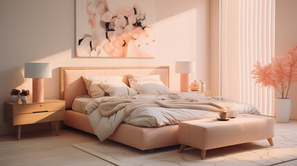 Inviting light-peach-color bedroom with soft blush tones, elegant decor, and abstract canvas art in morning light