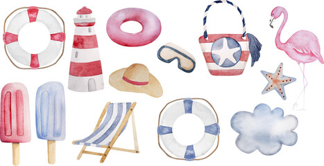 Hand-Painted Watercolor Set Of Images Includes Lifebuoy, Hat, Ice Cream, Flamingo, Lighthouse, And Other Summer Clipart