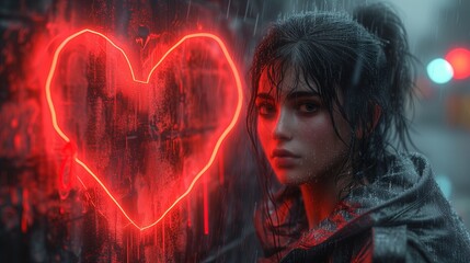 Kobieta stoi przed neonowym sercem, symbolizującym tematykę walentynkową, kochanie i romans.