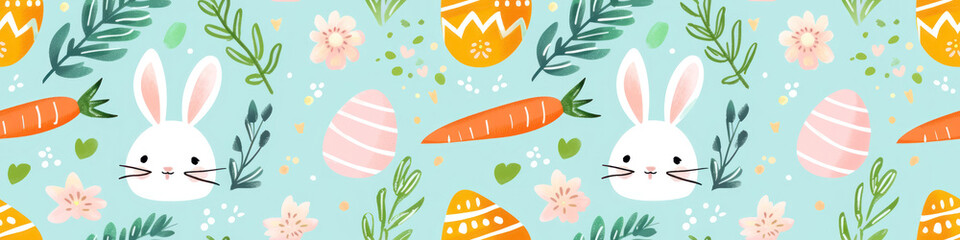 pastel easter pattern with cute bunnies and decorated eggs among spring flowers
