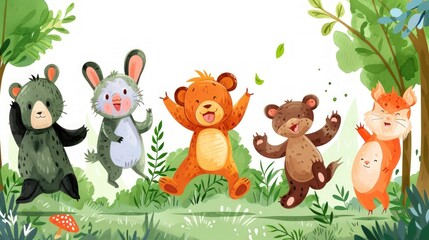 Fototapeta premium Funny Jungle cartoon animals dancing in forest in cartoon style. Generated AI image