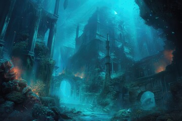 An underwater city with bioluminescent coral, schools of colorful fish, and ancient ruins, all...