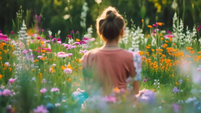 young girl sitting in the garden with flowers, meditates sitting on the ground. harmony with nature. mental health. Generative AI