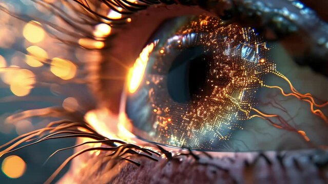 A close-up of the human eye with cyber technology embedded. combining the human body with artificial intelligence chips. Generative AI