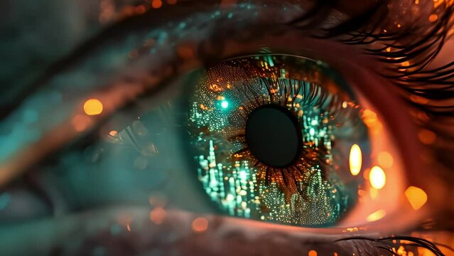 A close-up of the human eye with cyber technology embedded. combining the human body with artificial intelligence chips. Generative AI