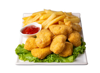 Delicious chicken nuggets and chips.