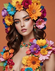 Naklejka premium Blossom Beauty: Model Radiates in Floral Extravaganza