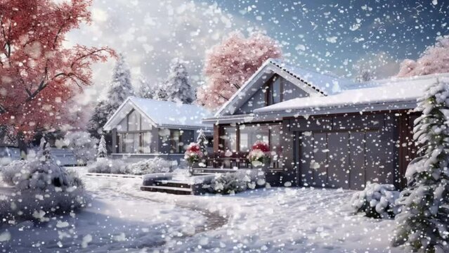 Winter day with snowy background; modern cozy clinker house with garage, pool, and beautiful landscaping for sale or rent, rendered in 3D.