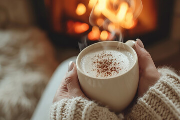 Woman Holding Cup of Hot Chocolate in Front of Fireplace. - 727419132