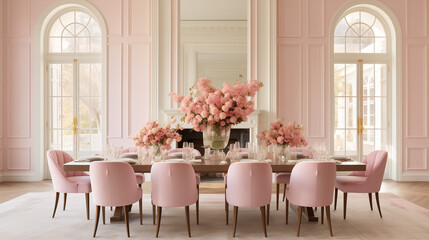 Stylish table setting in modern pink dining room