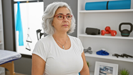 Fototapeta na wymiar A pensive mature woman with glasses stands in a physical therapy clinic, reflecting a health-focused interior.
