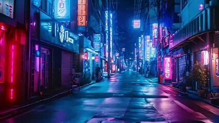 night street illuminated by neon lights and multicolored vyvyskas. night city life in dynamic lighting. Generative AI