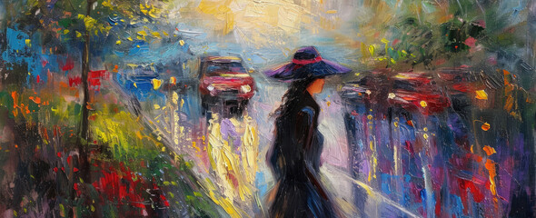 A Painting of a Woman crossing the  Street - 727419320