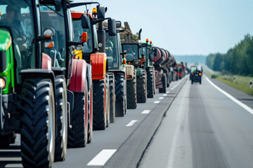 A Row of Tractors Lined Up on the Side of the Road. - 727419329