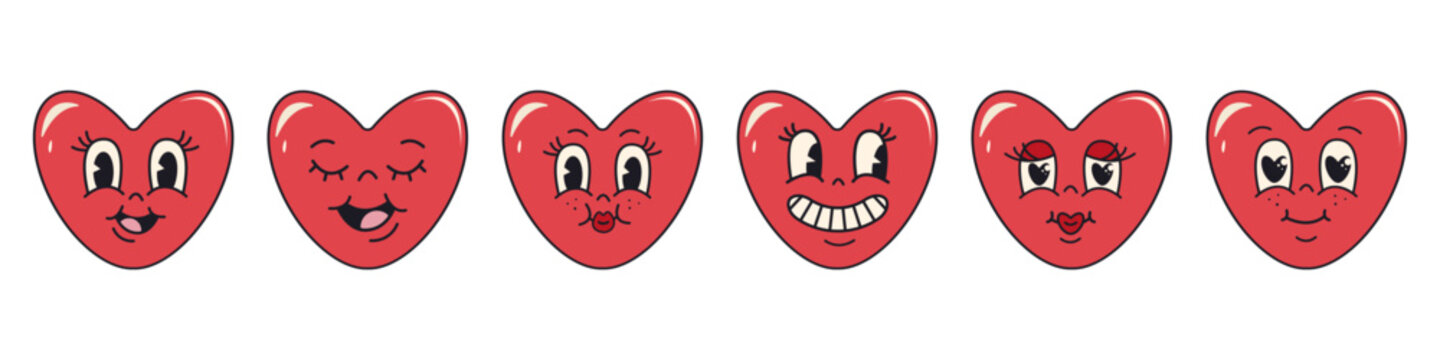 Groovy heart sticker. Red hearts with faces. Funny cartoon characters in trendy retro style. Cute emoji. Vector illustration on a white background.