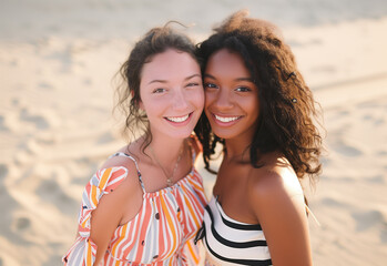 Two young women portrait smiling, summer dresses, dots and stripes, having fun on sandy beach. Galentines day. Gathering with friends.