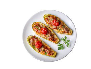 Zucchini stuffed with meat, vegetables and cheese. Zucchini boats. Turkish name; kabak sandal
