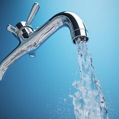 Water flowing from the faucet on blue background, 3d rendering, Ai Generated