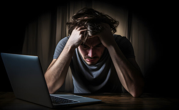frustrated stressed man with headache sitting in front of a laptop