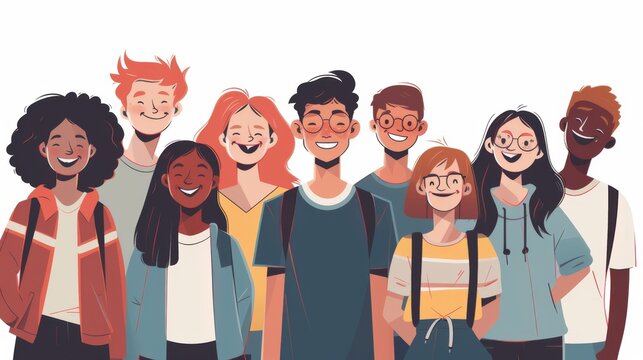 A colorful and lively group of people adorned in vibrant clothing and exuding genuine smiles, captured in a playful cartoon-like illustration that perfectly captures the joy and warmth of human conne