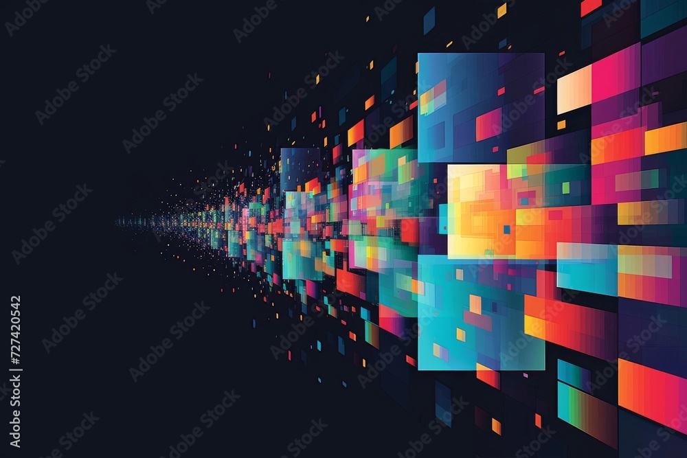 Poster A vibrant display of luminous squares creates a mesmerizing abstract scene, evoking a sense of enchantment and wonder in the stillness of the night
