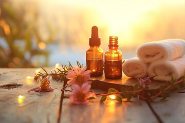 Spa bottles with essential oil and spa products in sunset light
