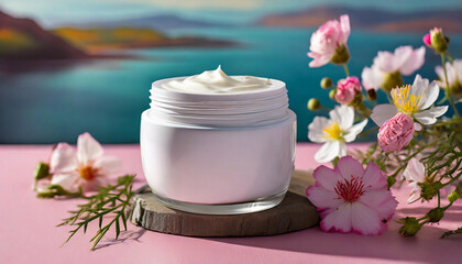 Fototapeta na wymiar Open facial cream jar, beauty face treatment, face skin care, pink flowers