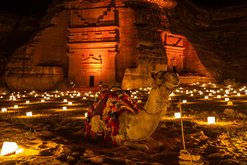 Camel laying in front of ancient tombs of Hegra city illuminated during the night, Al Ula, Saudi...