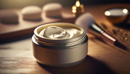 Open facial cream golden jar, beauty face treatment, face skin care, beauty make up table