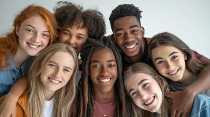 A vibrant group of friends, dressed in trendy clothing and sporting radiant smiles, happily pose for a photo in front of a layered wall, showcasing their youthful energy and strong bond of friendship