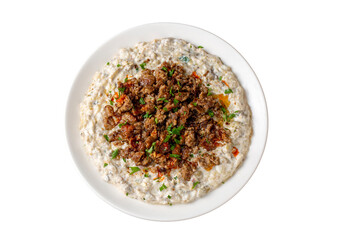 Turkish Ali Nazik Kebab with Yogurt, Minced Meat and Roasted Eggplant or Aubergine Kebap.