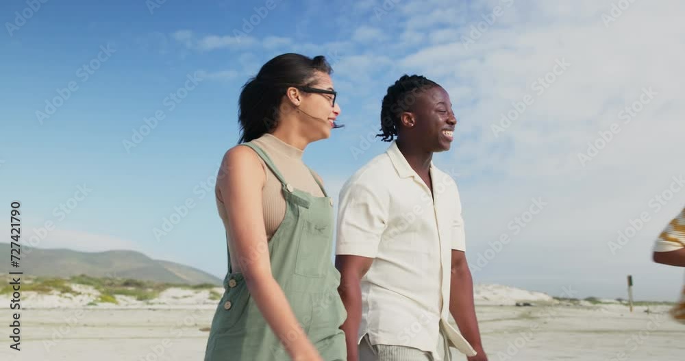 Poster Couple, walking or conversation by beach for holiday, care or weekend in nature for outdoor bonding. Men, women and talking on journey together by ocean, love and sunshine in healthy relationships