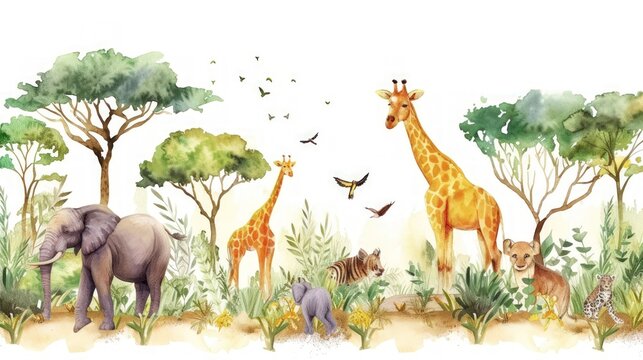 Funny Jungle cartoon safari animals in forest in cartoon watercolor style. Generated AI image