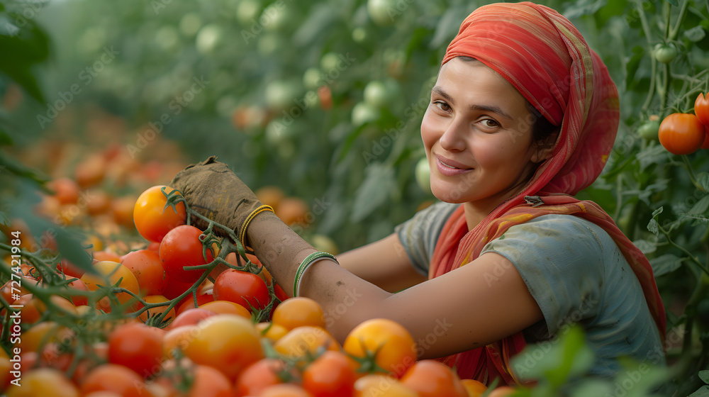 Sticker A indian woman is picking tomatoes in a tomato field