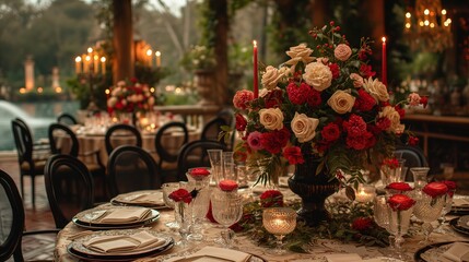 Na zdjęciu widać stół udekorowany do formalnej kolacji, z ustawionymi świecami i kwiatami. - obrazy, fototapety, plakaty