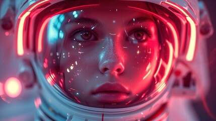 Kobieta w skafandrze kosmicznym z czerwonym światłem na twarzy przedstawiająca temat walentynkowy, kochania oraz romansu.