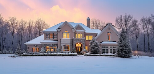 Beige house in a suburban region, with conventional windows, on a large land piece, during snowy...